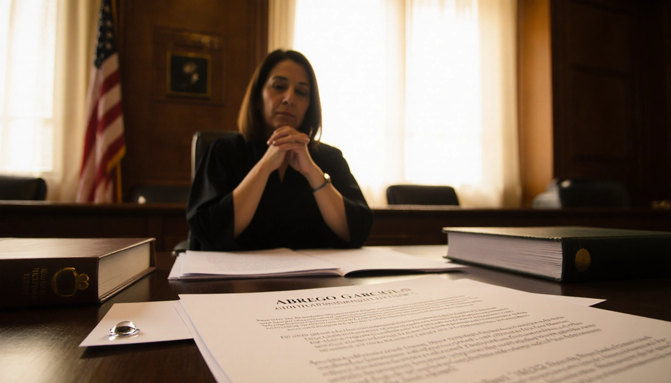 Judge Paula Xinis clasping her hands with immigration papers and a tear drop on a highlighted page in a golden courtroom.