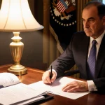 Judge reviewing Mark Zaid security clearance files with warm golden light and a blurred White House window.