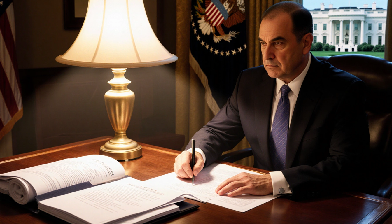 Judge reviewing Mark Zaid security clearance files with warm golden light and a blurred White House window.