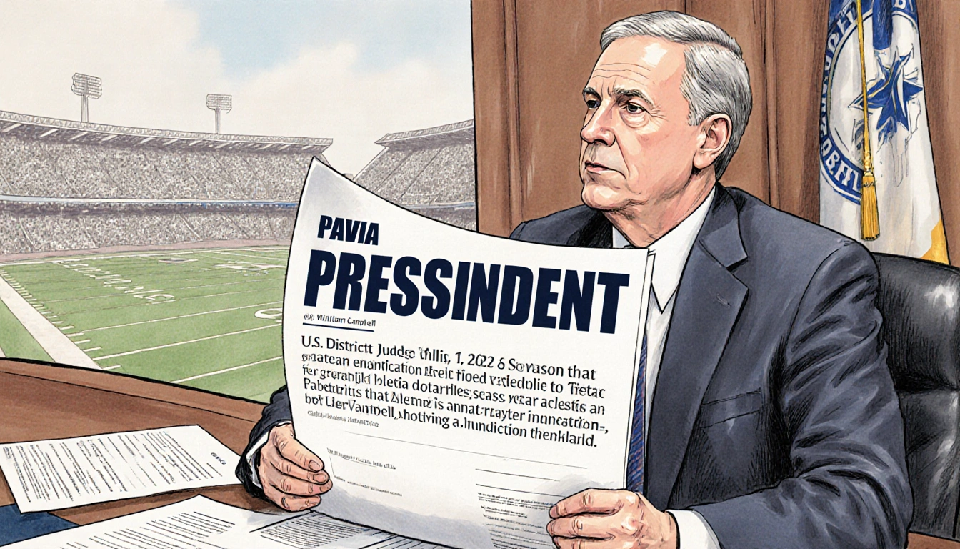 Judge William L. Campbell reviewing injunction with Pavia Precedent headline football field in courtroom