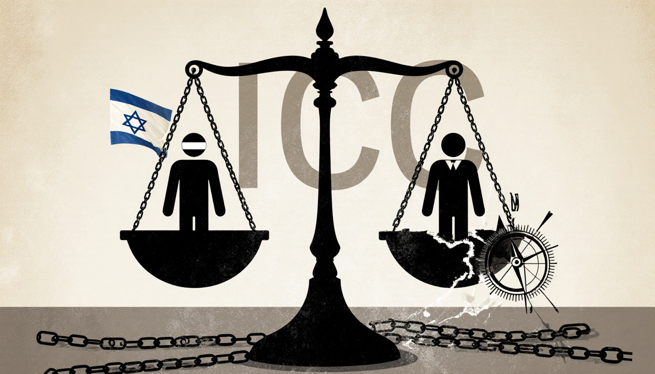 Broken chains shatter scales with blindfolded justice figure and compass.