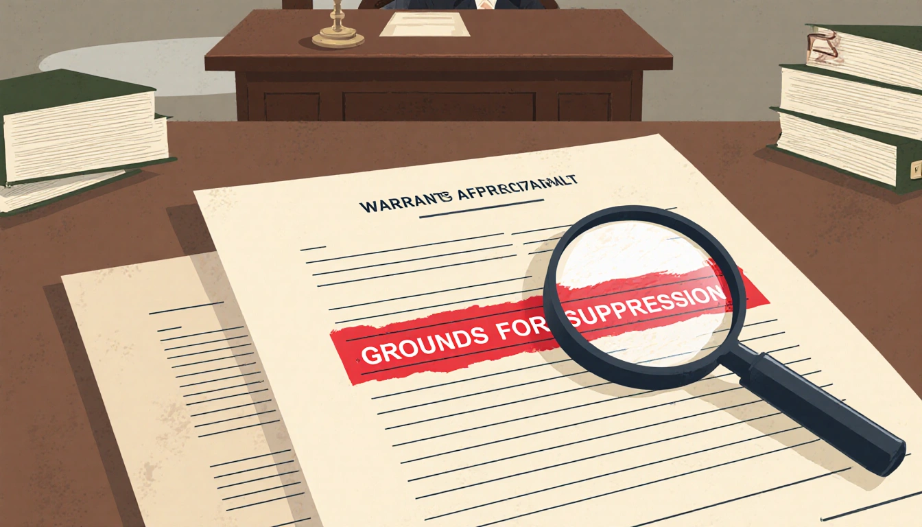 Judicial table shows highlighted suppression grounds with red ink and magnifying glass on parchment-like documents