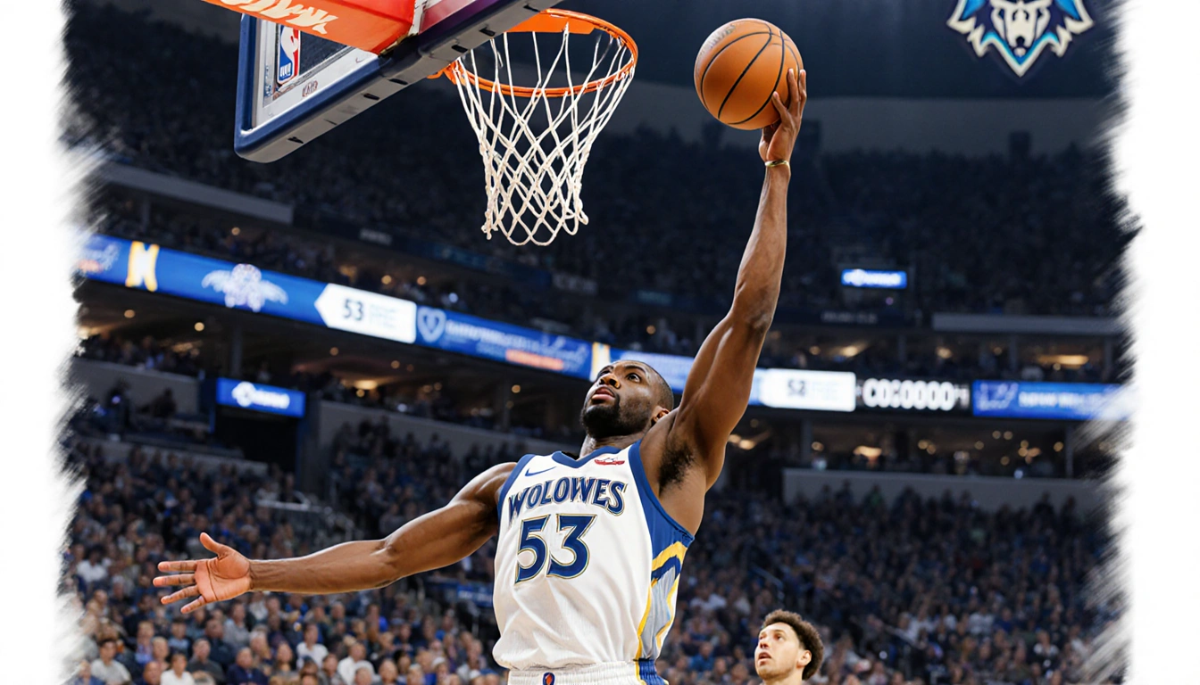 Julius Randle shooting a free throw with the ball hovering above the rim and the clock ticks down over a blurred court and Ti