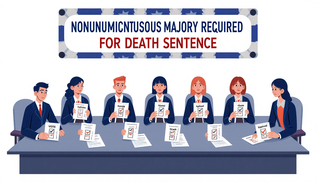 Nine jurors voting on death sentence with ballots showing eight Execution checks and four Against checks below banner.