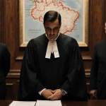 Brazilian Supreme Court judge gazes down at papers with clasped hands behind back near blurred map of Brazil.