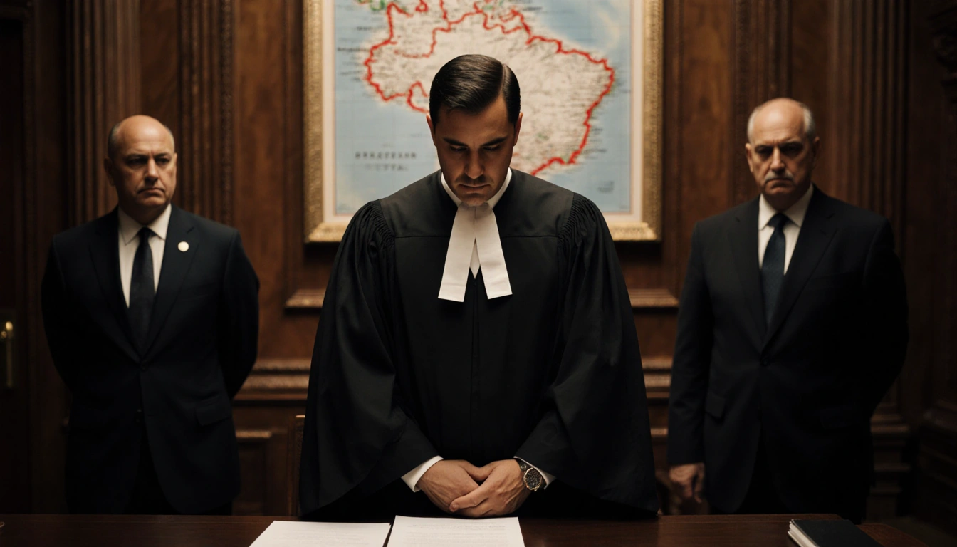 Brazilian Supreme Court judge gazes down at papers with clasped hands behind back near blurred map of Brazil.