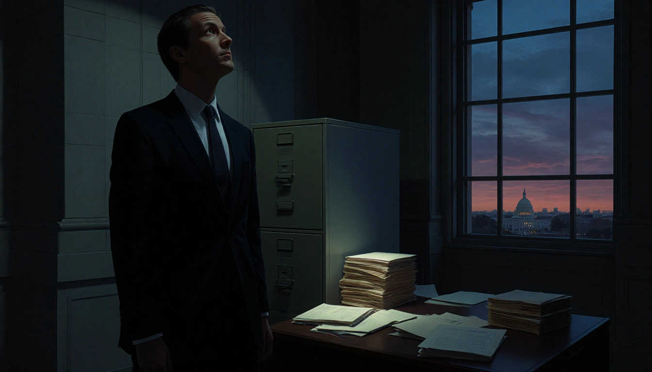 Suit-wearing figure looks up from scattered documents on a desk with an open file cabinet beside a dimly lit government build