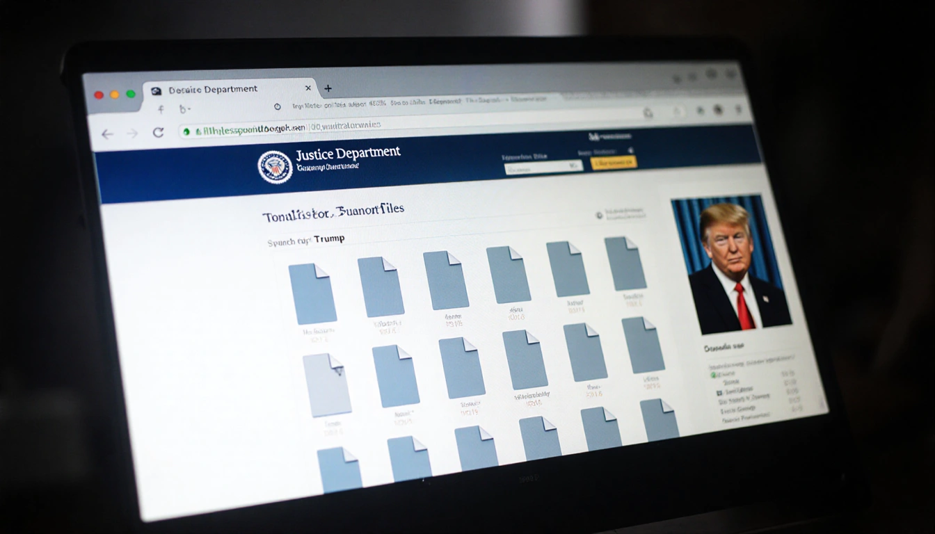 Computer screen showing Justice Department webpage with 16 empty folders and a Trump photo outline on a gray background