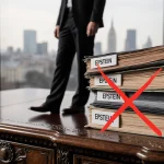 Person standing at edge of ornate wooden desk with stack of Epstein files marked red X and justice department transparency