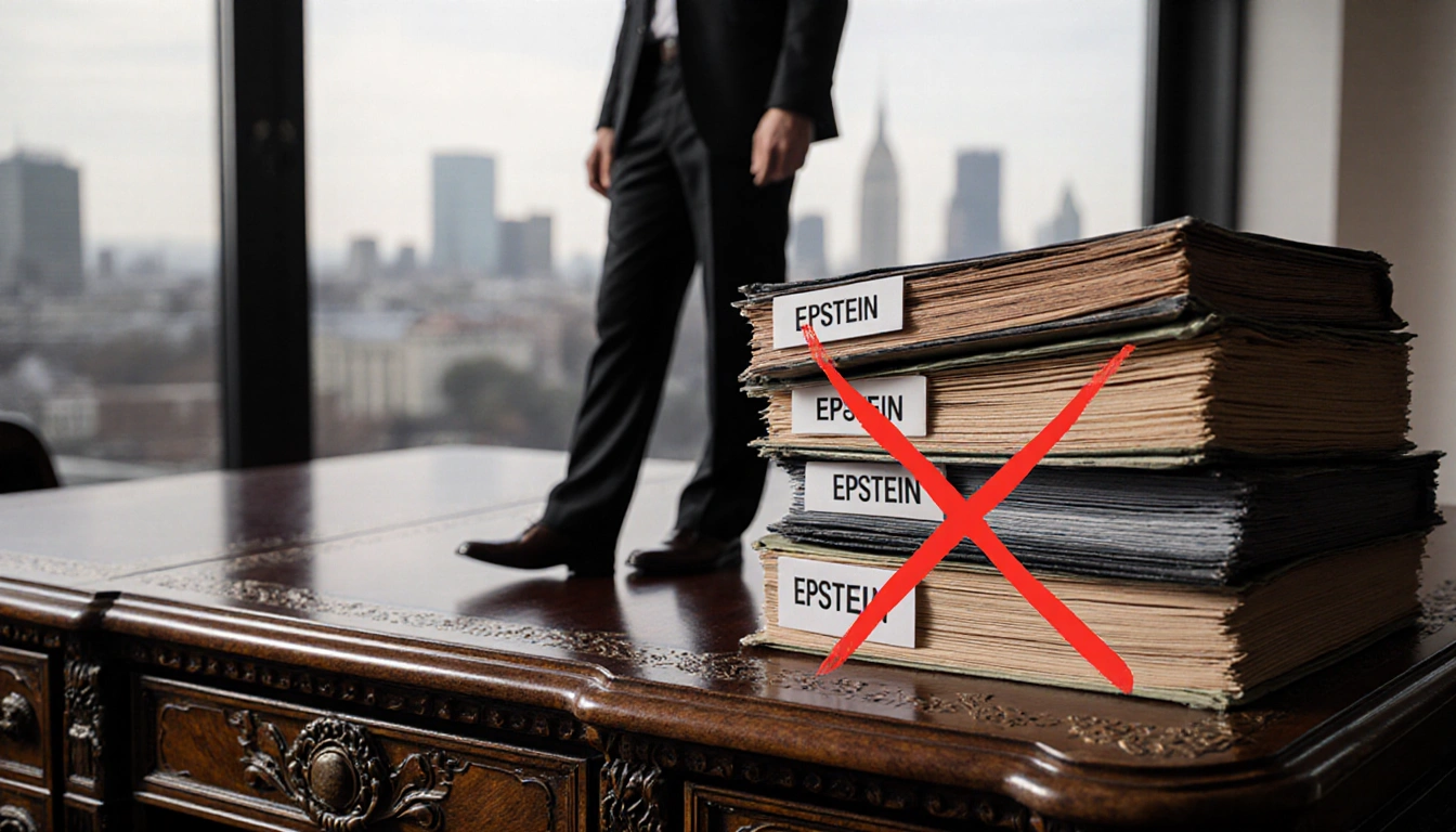 Person standing at edge of ornate wooden desk with stack of Epstein files marked red X and justice department transparency