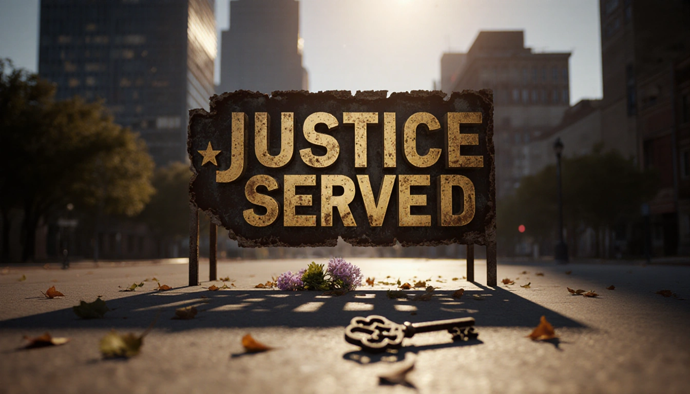 Sign reading JUSTICE SERVED stands tall with a small ornate key at its base under warm sunlight and blurred Austin skyline be