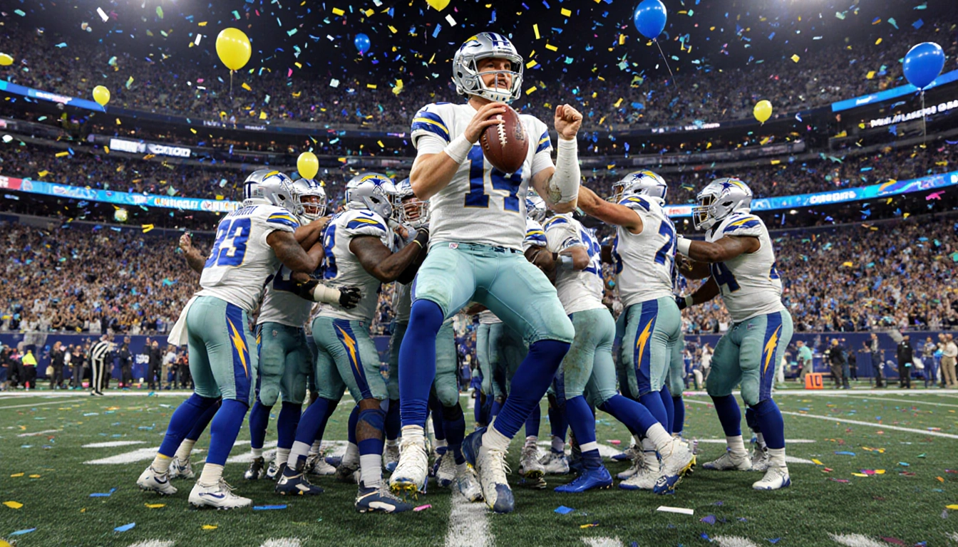 Justin Herbert holding the football with left hand bandaged while teammates lift him amid confetti and crowds at SoFi Stadium