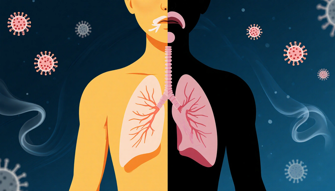 Person coughing and sneezing with warm light on left and cool tone on right showing pneumonia and swirling patterns in betwee