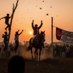 Riders celebrating buzkashi victory with jubilant faces in Afghan sunset field and cheering crowd