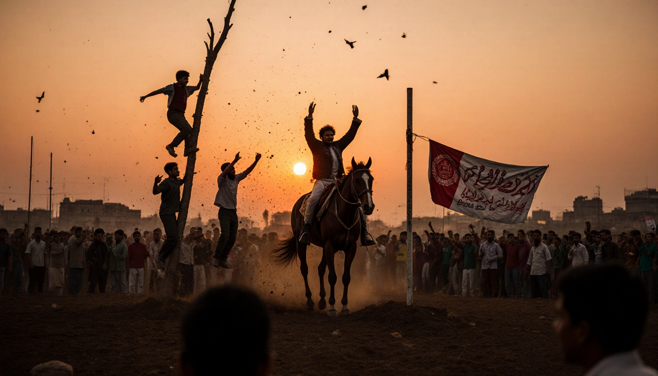 Riders celebrating buzkashi victory with jubilant faces in Afghan sunset field and cheering crowd