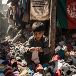 Young boy Rahimullah holds up a pair of socks with dusty Kabul market backdrop and a faded Afghan flag showing desperation
