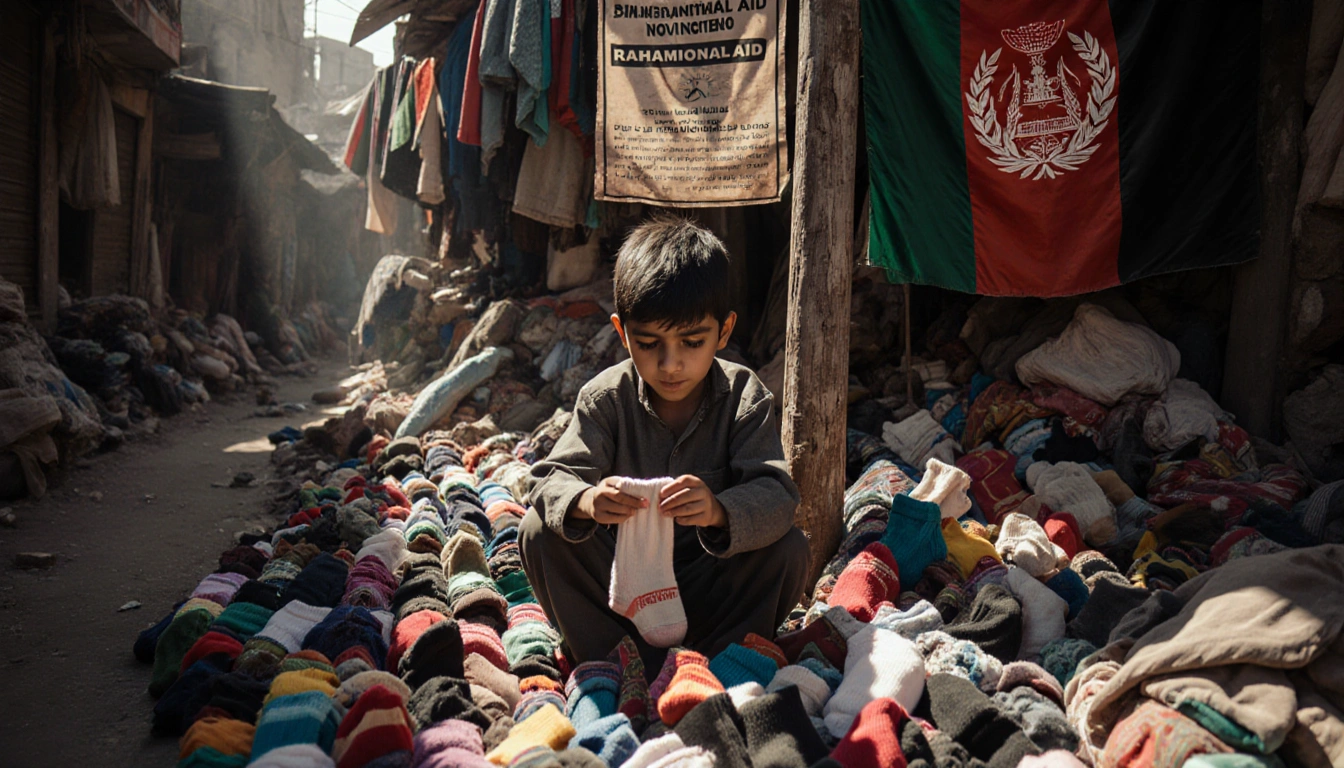 Young boy Rahimullah holds up a pair of socks with dusty Kabul market backdrop and a faded Afghan flag showing desperation