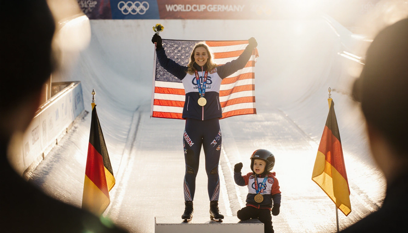 Kaillie Humphries Armbruster holds her gold medal aloft with her child beside her and the U.S. and German flags behind her