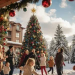 Families laughing near the waterpark entrance with a tall Christmas tree and twinkling lights in a winter wonderland