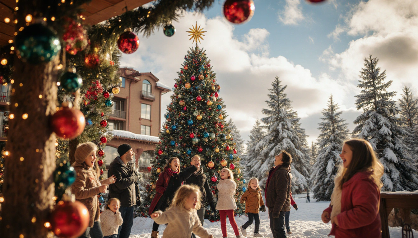 Families laughing near the waterpark entrance with a tall Christmas tree and twinkling lights in a winter wonderland