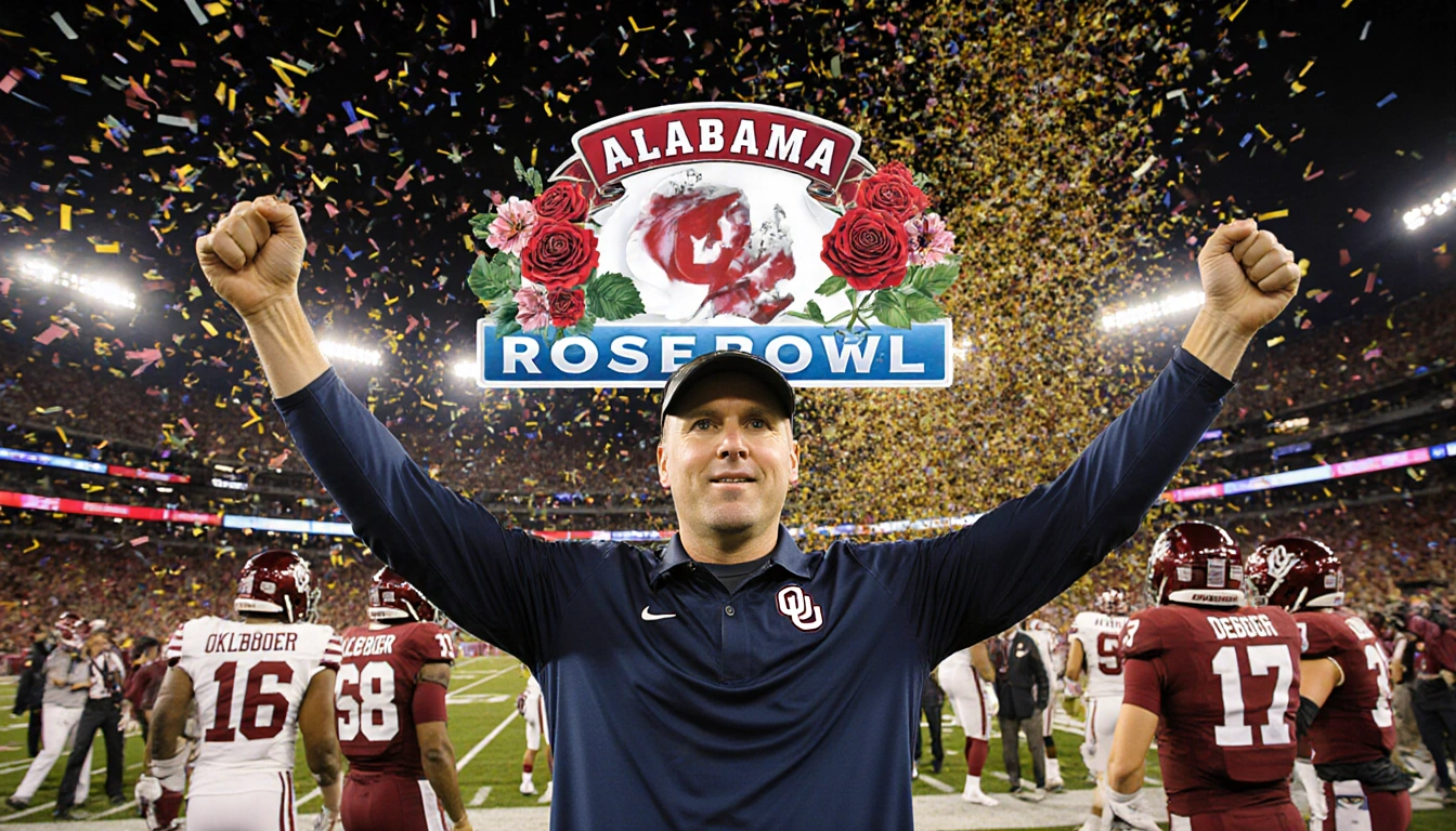 Alabama coach Kalen DeBoer raising his arms in victory with confetti exploding and the Rose Bowl logo shining behind him