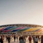 Crowd of diverse people looking up at sleek Kansas City stadium with golden sunlight and vibrant cityscape