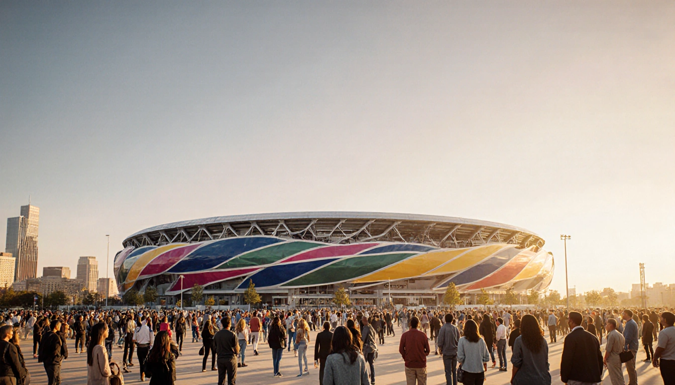Crowd of diverse people looking up at sleek Kansas City stadium with golden sunlight and vibrant cityscape