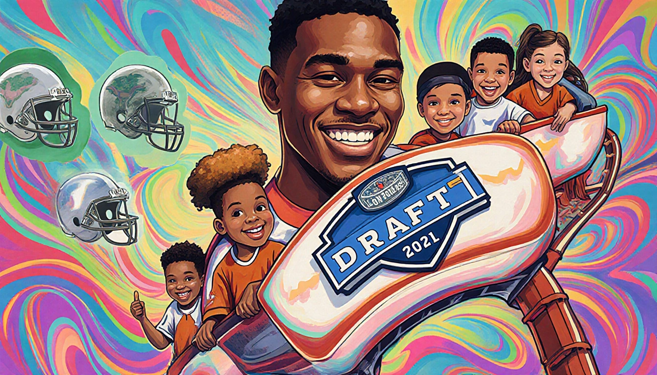 Kanu riding a roller coaster with smiling children with Longhorns logo on track and swirling citrus bowl patterns