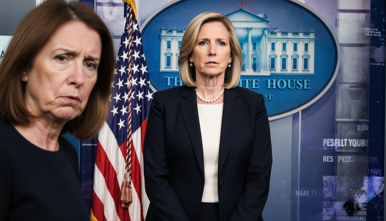 Karoline Leavitt stands confidently before the White House with the American flag while a blurred Susie Wiles face hints at n