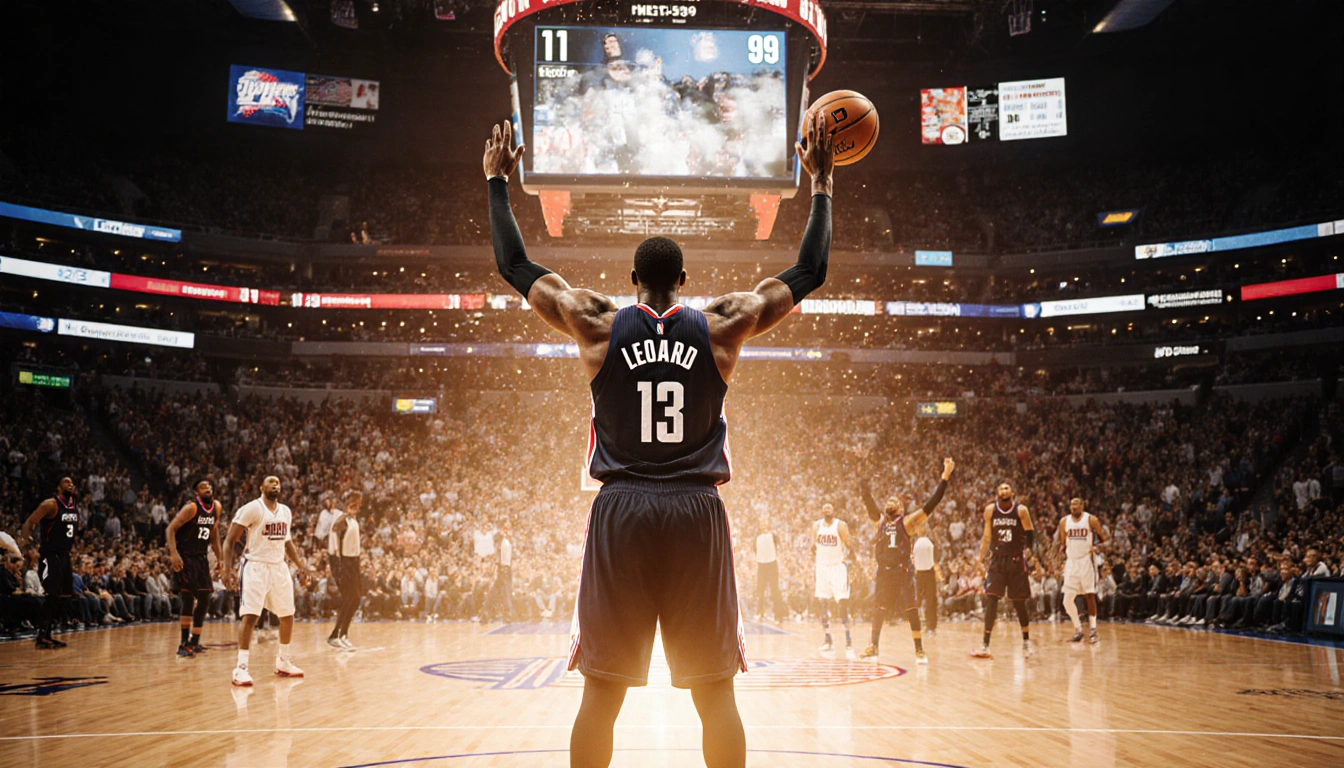 Kawhi Leonard raising a basketball at the free throw line with a 112‑99 victory scoreboard behind his celebrating teammates.