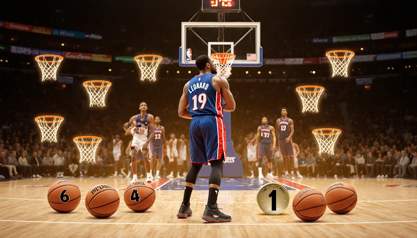 Kawhi Leonard shooting a free throw with glowing hoops showing 17 successes and countdown 64-1 in glow Pistons backdrop.