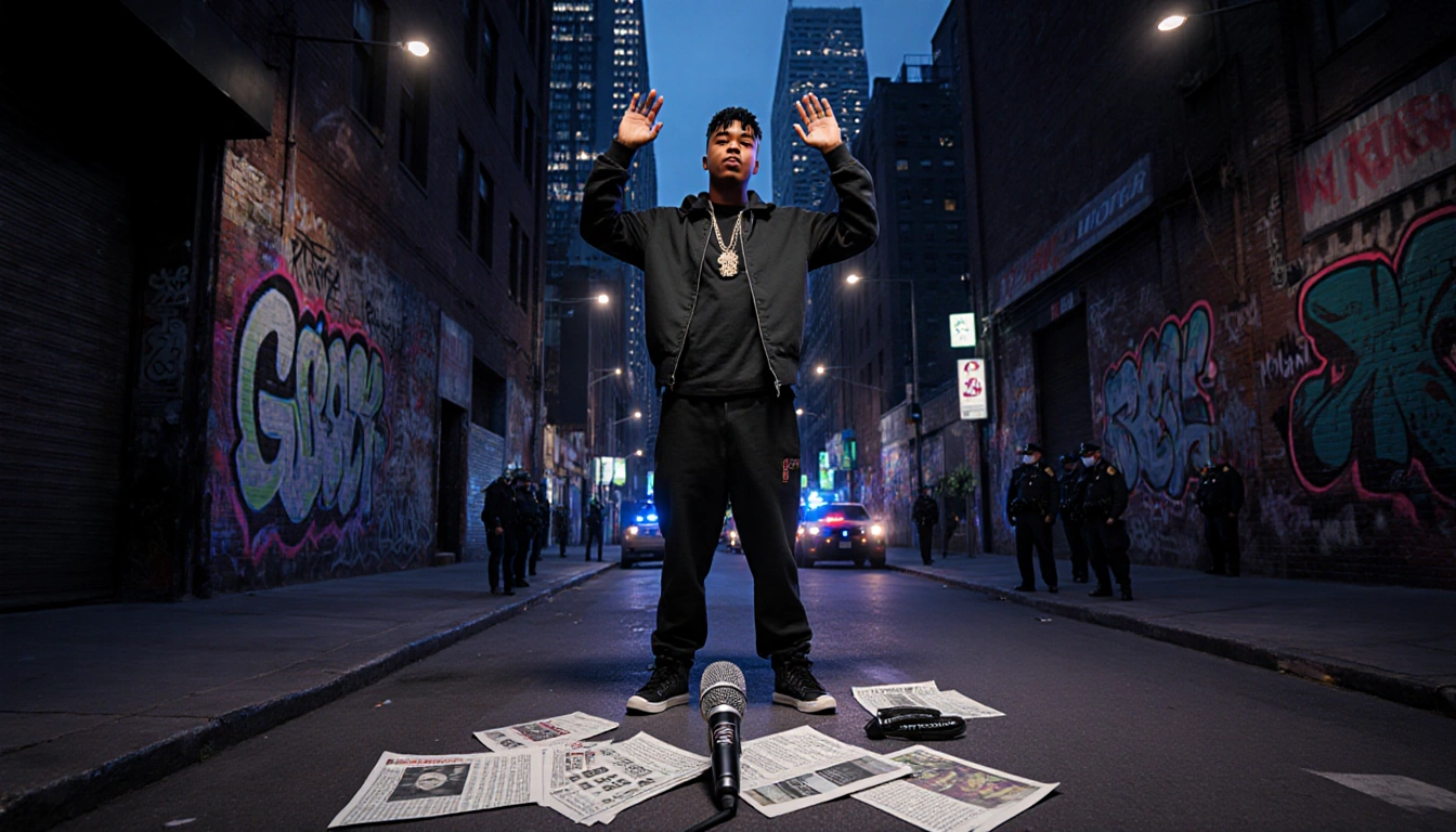 Kay Flock standing with hands raised on dim street in New York with microphone and scattered lyrics near graffiti walls
