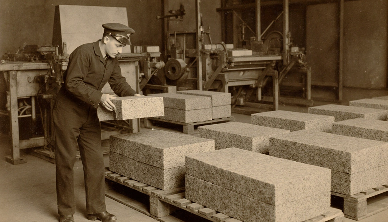 Employee inspecting granite block with wooden pallets and stone-cutting machines behind Kays curling stone tradition.