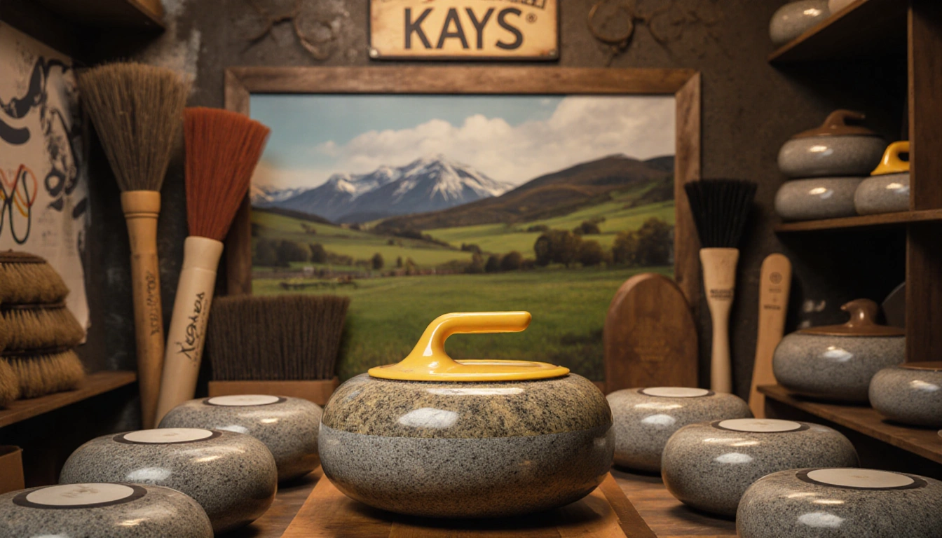 Polished Olympic stone glinting with golden sheen with Scottish granite and curling brooms in warm light