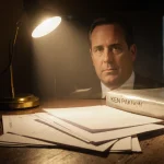 Sealed divorce case documents spread across a worn wooden table with golden light spilling and long shadows hinting scrutiny.