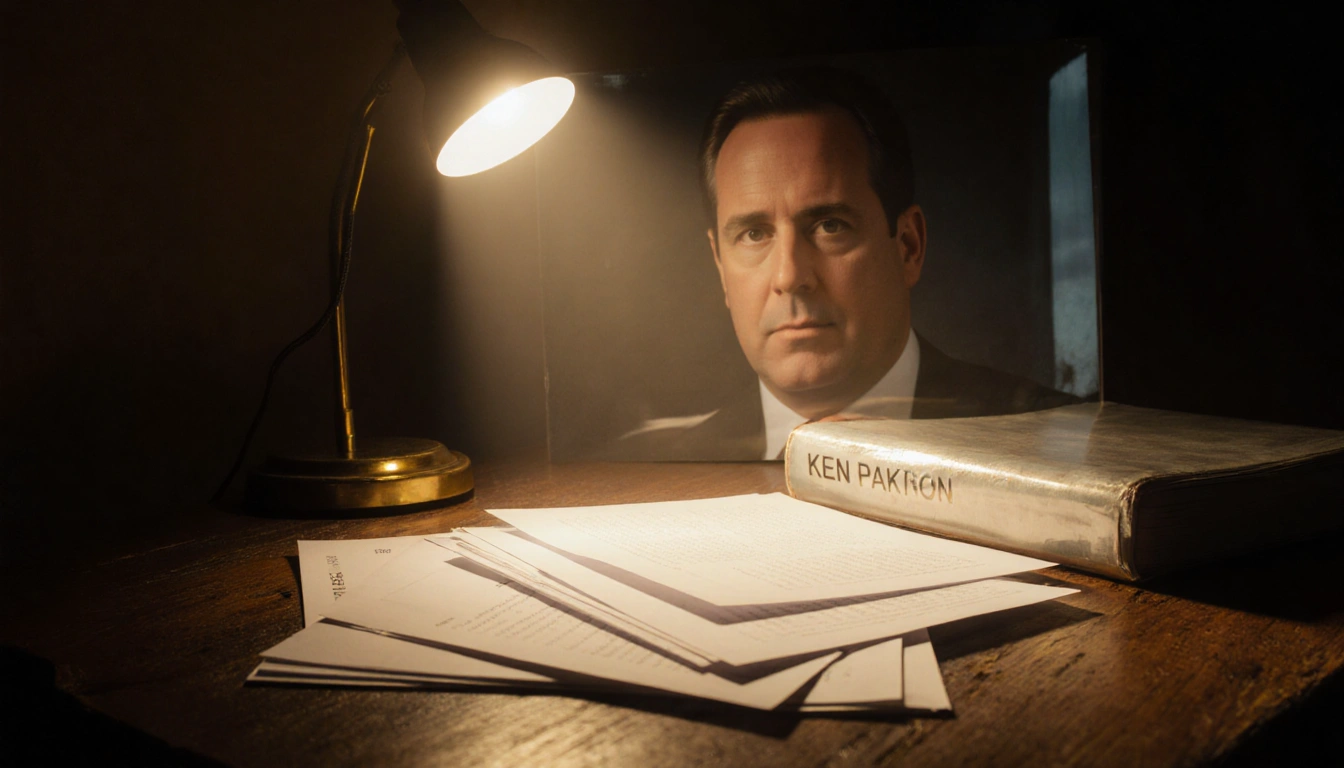 Sealed divorce case documents spread across a worn wooden table with golden light spilling and long shadows hinting scrutiny.