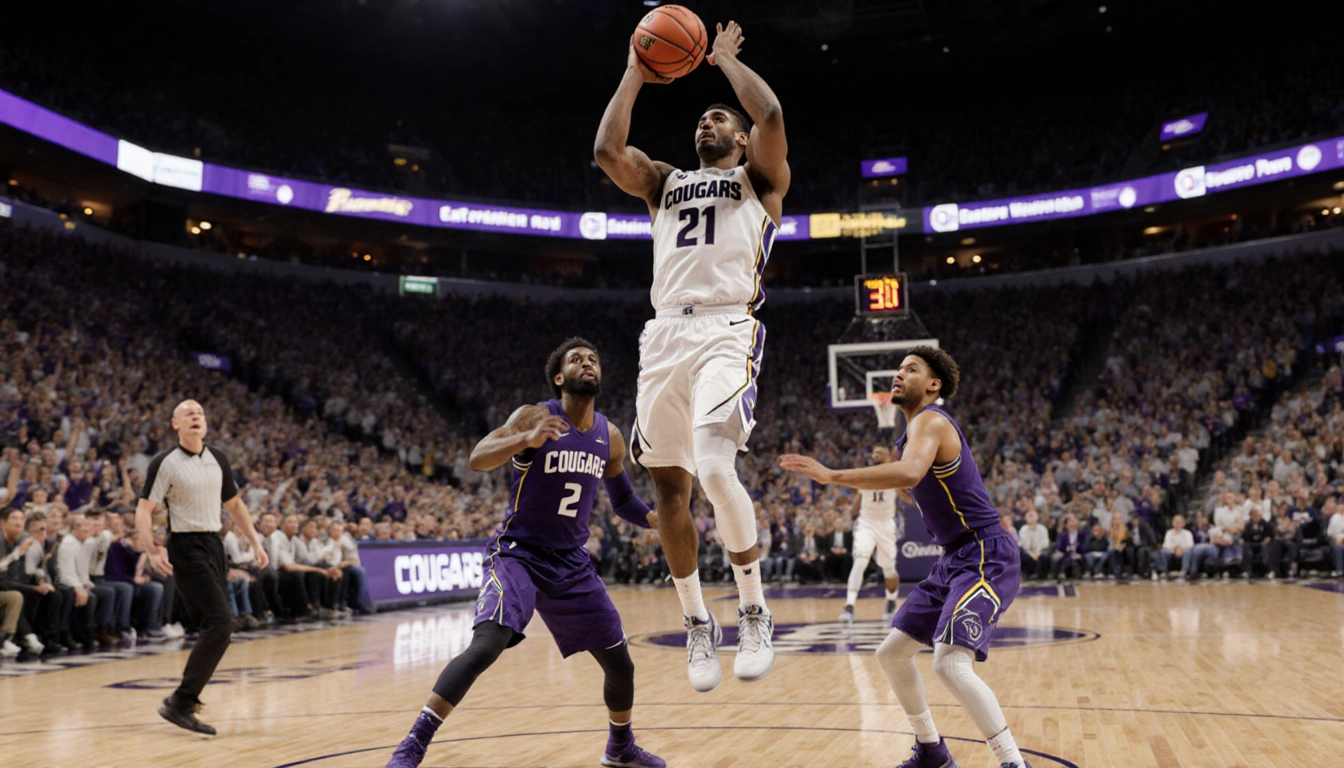 Kennard Davis Jr. leaps releasing a three-point shot with Eastern Washington defense converging behind him and Cougars crowd