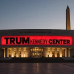Kennedy Center facade glowing at dusk with bold red banner reading Trump-Kennedy Center and Washington Monument in background