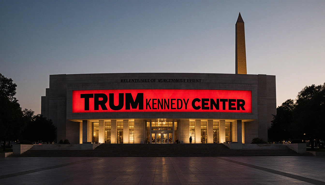 Kennedy Center facade glowing at dusk with bold red banner reading Trump-Kennedy Center and Washington Monument in background