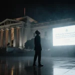 Artist looking up at Kennedy Center with reflected White House announcement and misty night glow