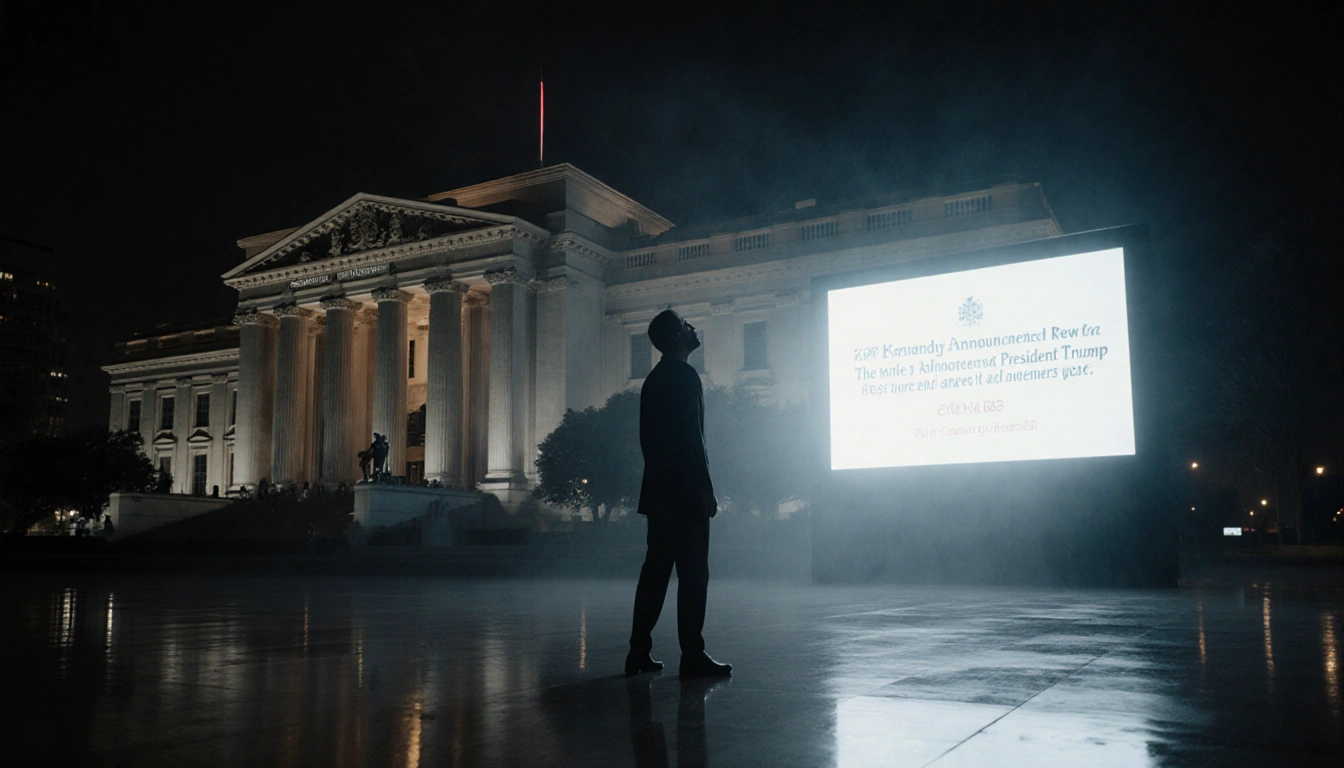 Artist looking up at Kennedy Center with reflected White House announcement and misty night glow