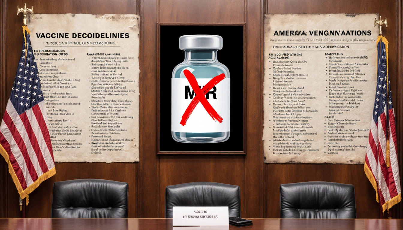 Kennedy's vaccine board reviews MMR on wooden panel with flag chairs and a red X over old guidance