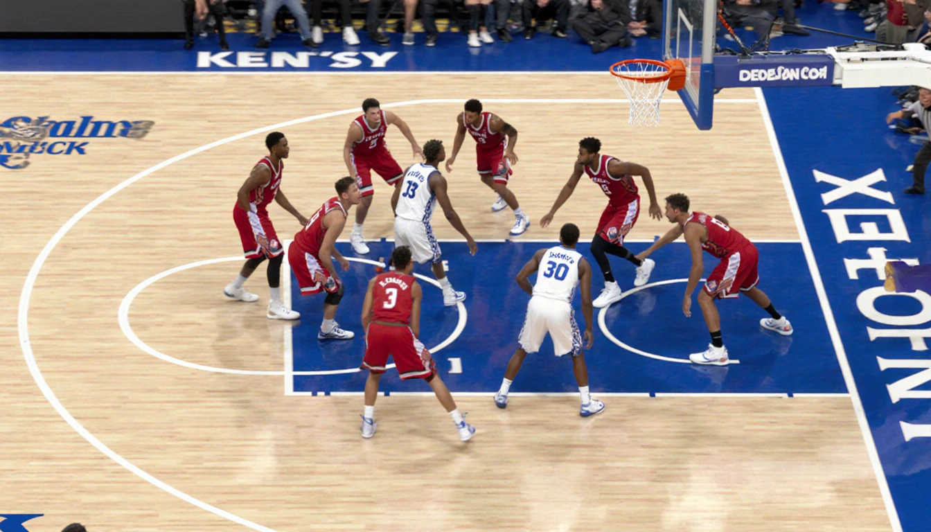 Kentucky players encircle St. John's with high-energy defense and motion blur showing 9-minute drought in muted colors