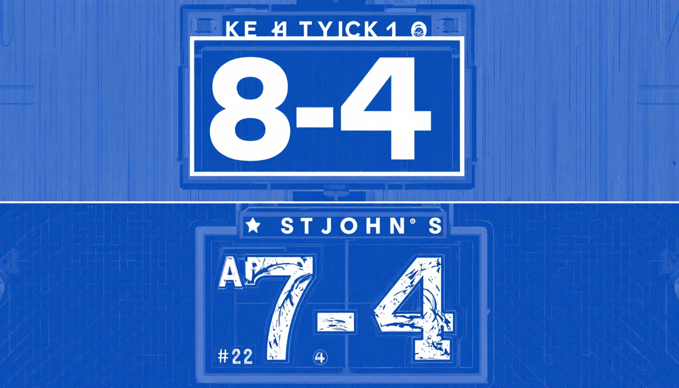 Split screen shows top court scoreboard Kentucky 8-4 AP 22 and bottom court scoreboard St. John's 7-4 AP 24