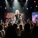 Kevin Cronin singing into microphone with spotlight on stage and REO Speedwagon fans holding guitars in background