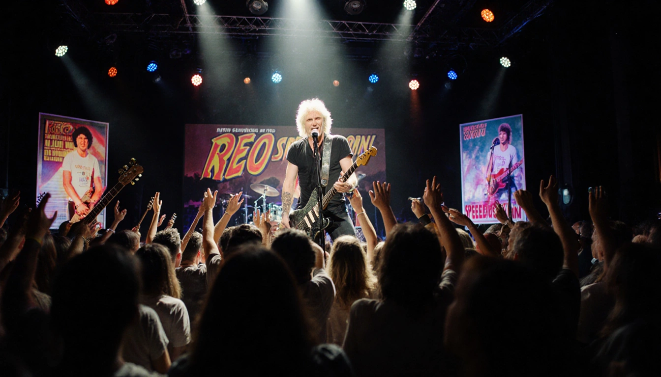 Kevin Cronin singing into microphone with spotlight on stage and REO Speedwagon fans holding guitars in background