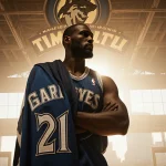 Kevin Garnett standing with No. 21 jersey and arms crossed behind a dimly lit Timberwolves logo with Minneapolis skyline blur