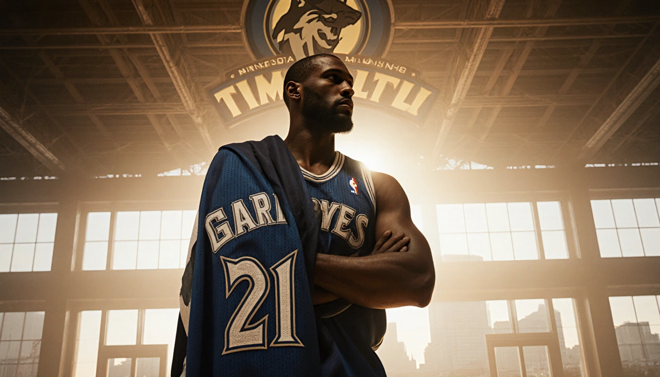 Kevin Garnett standing with No. 21 jersey and arms crossed behind a dimly lit Timberwolves logo with Minneapolis skyline blur