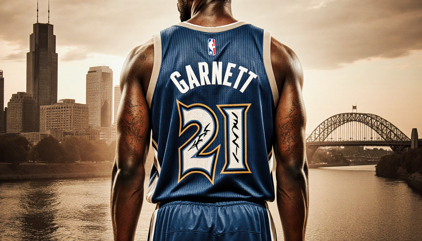 Kevin Garnett standing in front of a Minnesota Timberwolves jersey with number 21 and the Minneapolis skyline behind him