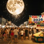 Crowd cheering with giant moonpie hanging above and banner Happy 2026 in front